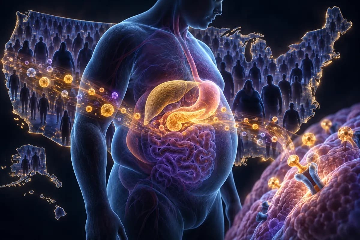 A translucent heavy-set body shows a fatty liver and pancreas over a US map filled with crowds of silhouettes.